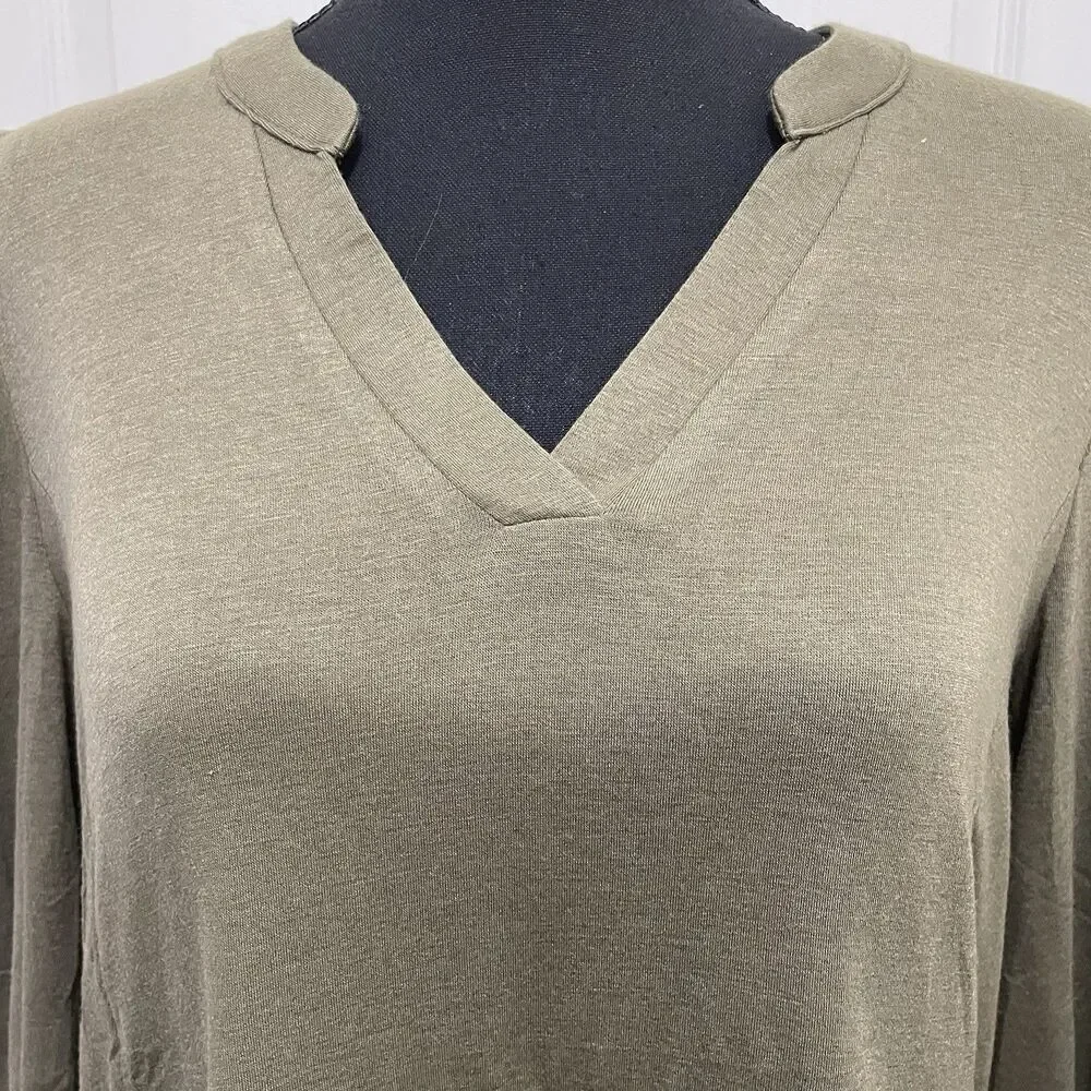 New Marokeety Long Sleeve Ruffle Midi Dress Olive V-Neck Pockets Women's‎ Small